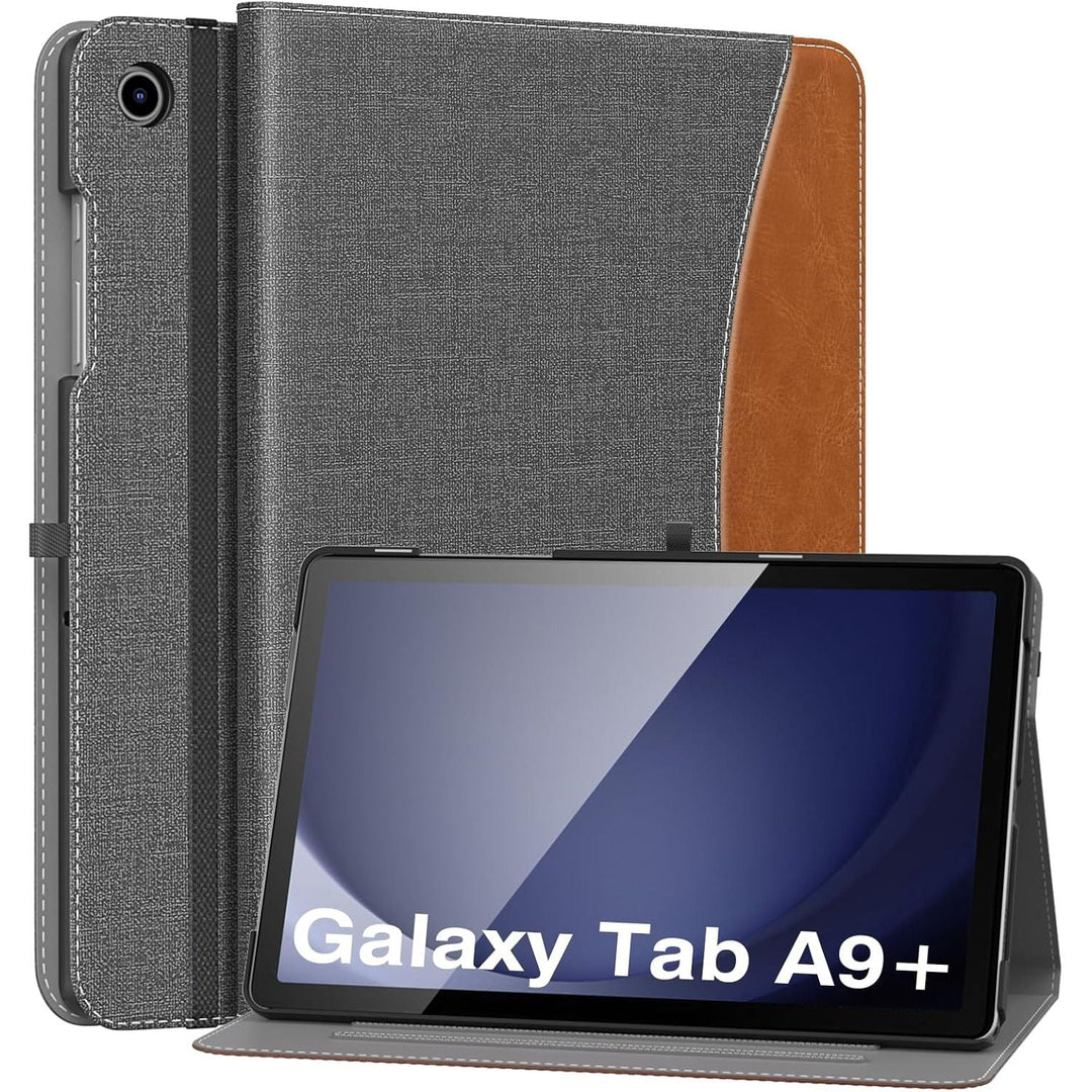 Case for Samsung Galaxy Tab A9 Plus 11" 2023 (SM - X210/SM - X216/SM - X218), PU Leather Multi - Angle Viewing Folding Stand Cover Case with Hand Strap, Front Pocket, Auto Wake/Sleep, Denim Grey & Brown - Just Closeouts Canada Inc.X00408PCCP