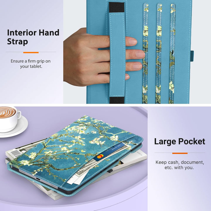 Case for Samsung Galaxy Tab A9 Plus 11" 2023 (SM - X210/SM - X216/SM - X218), PU Leather Multi - Angle Viewing Folding Stand Cover Case with Hand Strap, Front Pocket, Auto Wake/Sleep, Almond Blossom - Just Closeouts Canada Inc.