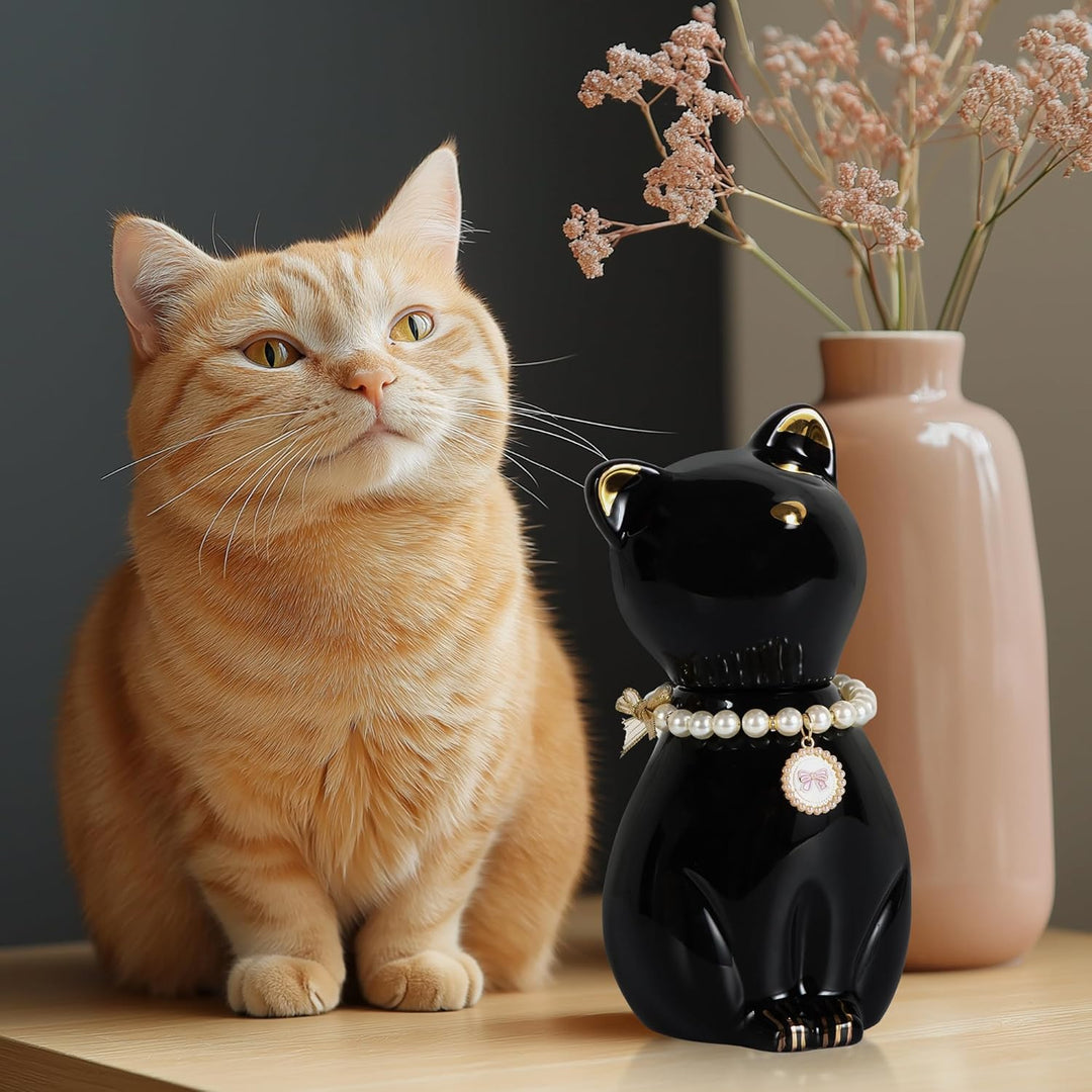 Cat Urns for Ashes, Elegant Ceramics Pets Cremation Keepsake, Black Pet Urns for Cats Memorial Box with Personalized Necklace (20lbs) - Just Closeouts Canada Inc.