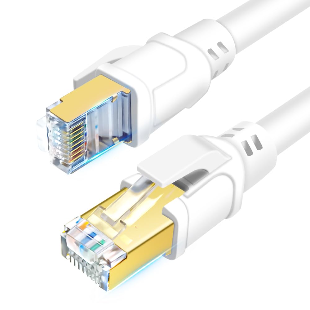CAT8 Ethernet Cable 50ft, High Speed 40Gbps 2000MHz CAT8 LAN Cable Shielded in Wall, Heavy Duty Internet Cable with RJ45 Connector for Router, Modem, X box, PC, Indoor&Outdoor (50ft/15m, White) - Just Closeouts Canada Inc.
