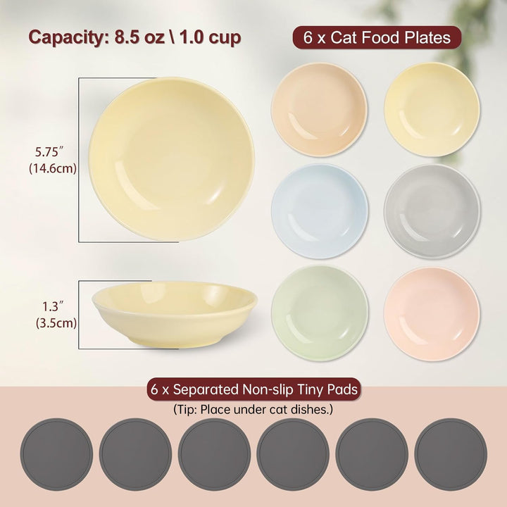 Ceramic Cat Food Bowl Set - Colorful Cat Feeding Bowls with Non Slip Mat - Wide Shallow Cat Bowl Whisker Friendly - Cat Plates - Cute Cat Dish - Microwave Dishwasher Safe - 6 Pack - 8.5 oz - 5.75 inch - Just Closeouts Canada Inc.