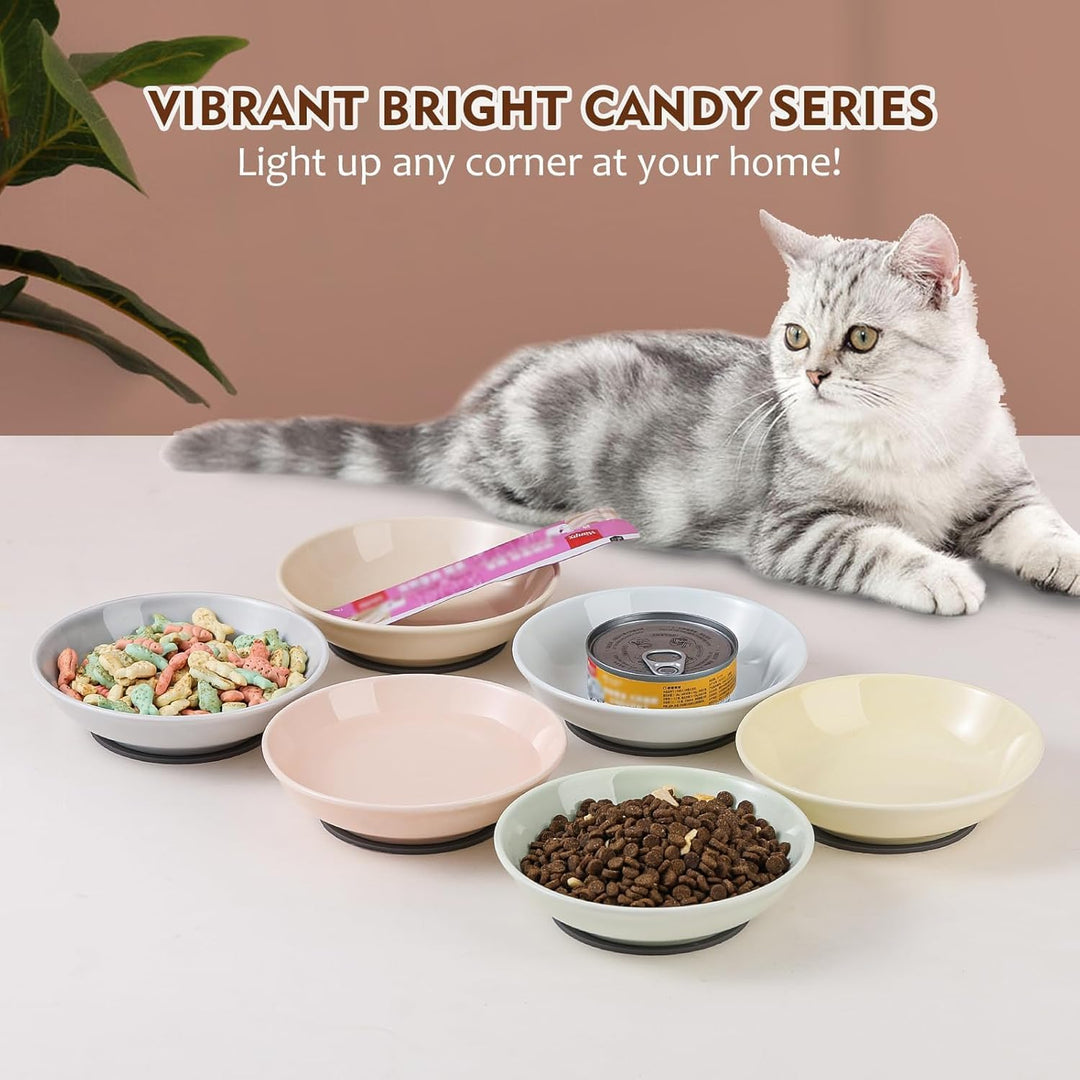 Ceramic Cat Food Bowl Set - Colorful Cat Feeding Bowls with Non Slip Mat - Wide Shallow Cat Bowl Whisker Friendly - Cat Plates - Cute Cat Dish - Microwave Dishwasher Safe - 6 Pack - 8.5 oz - 5.75 inch - Just Closeouts Canada Inc.