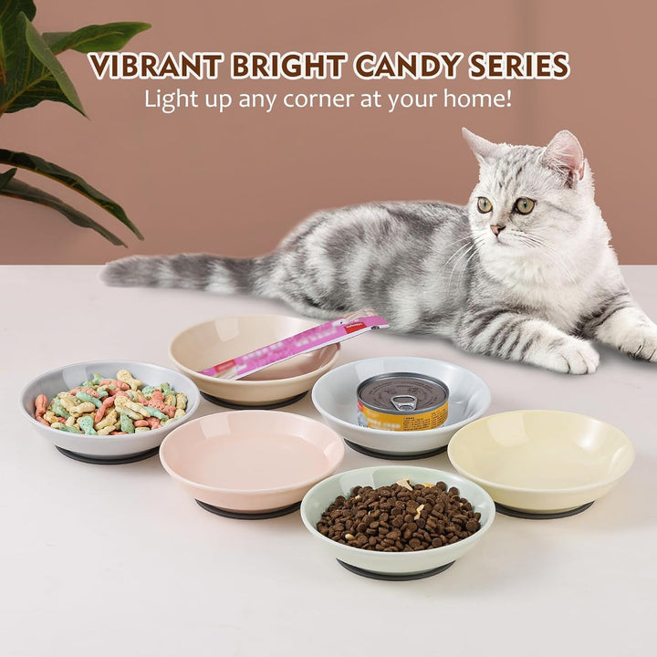 Ceramic Cat Food Bowl Set - Colorful Cat Feeding Bowls with Non Slip Mat - Wide Shallow Cat Bowl Whisker Friendly - Cat Plates - Cute Cat Dish - Microwave Dishwasher Safe - 6 Pack - 8.5 oz - 5.75 inch - Just Closeouts Canada Inc.
