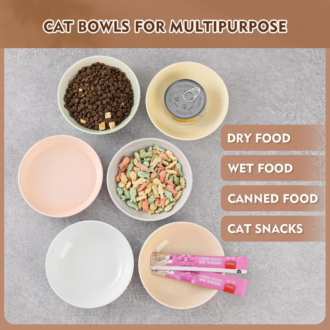 Ceramic Cat Food Bowl Set - Colorful Cat Feeding Bowls with Non Slip Mat - Wide Shallow Cat Bowl Whisker Friendly - Cat Plates - Cute Cat Dish - Microwave Dishwasher Safe - 6 Pack - 8.5 oz - 5.75 inch - Just Closeouts Canada Inc.