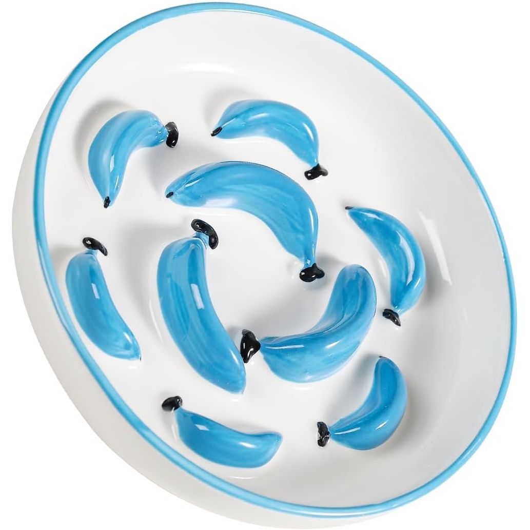 Ceramic Cat Slow Feeder Bowl - Slow Feeding Cat Bowl with Vibrant Shades - Cute Maze Cat Food Plate for Healthy Eating - Fun Cat Puzzle Feeder Dish - Dishwasher Safe - 6.3''W x 1.2''H - 7 OZ - Blue - Just Closeouts Canada Inc.