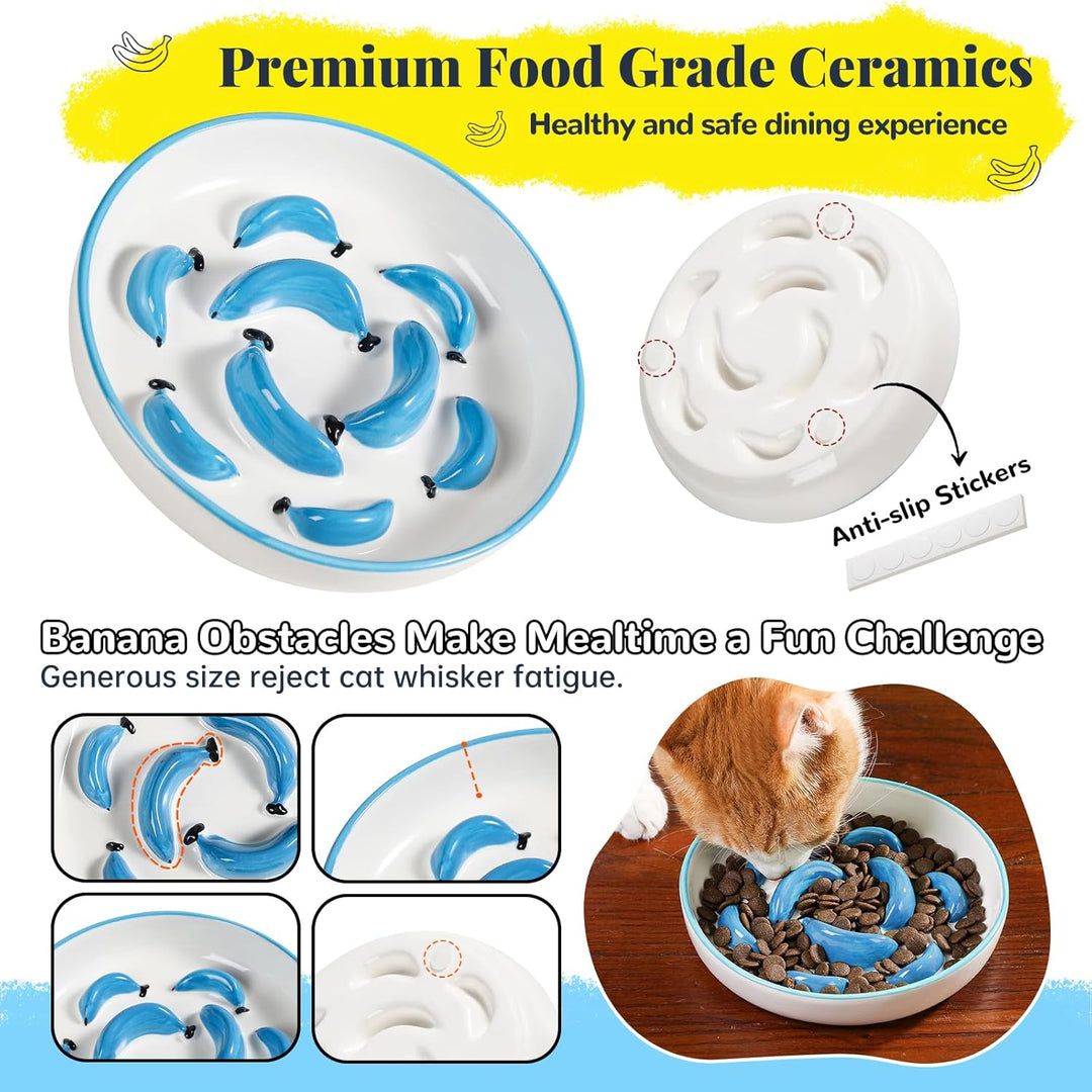 Ceramic Cat Slow Feeder Bowl - Slow Feeding Cat Bowl with Vibrant Shades - Cute Maze Cat Food Plate for Healthy Eating - Fun Cat Puzzle Feeder Dish - Dishwasher Safe - 6.3''W x 1.2''H - 7 OZ - Blue - Just Closeouts Canada Inc.