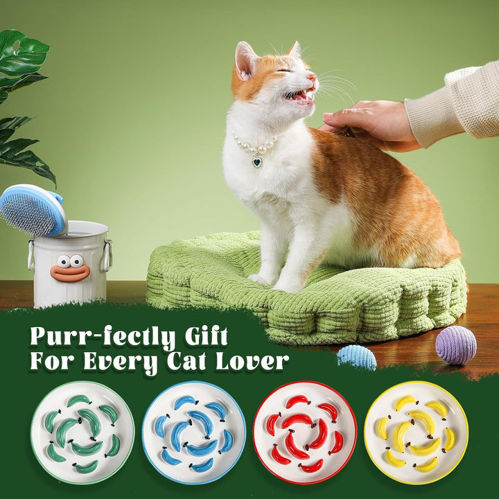 Ceramic Cat Slow Feeder Bowl - Slow Feeding Cat Bowl with Vibrant Shades - Cute Maze Cat Food Plate for Healthy Eating - Fun Cat Puzzle Feeder Dish - Dishwasher Safe - 6.3''W x 1.2''H - 7 OZ - Blue - Just Closeouts Canada Inc.