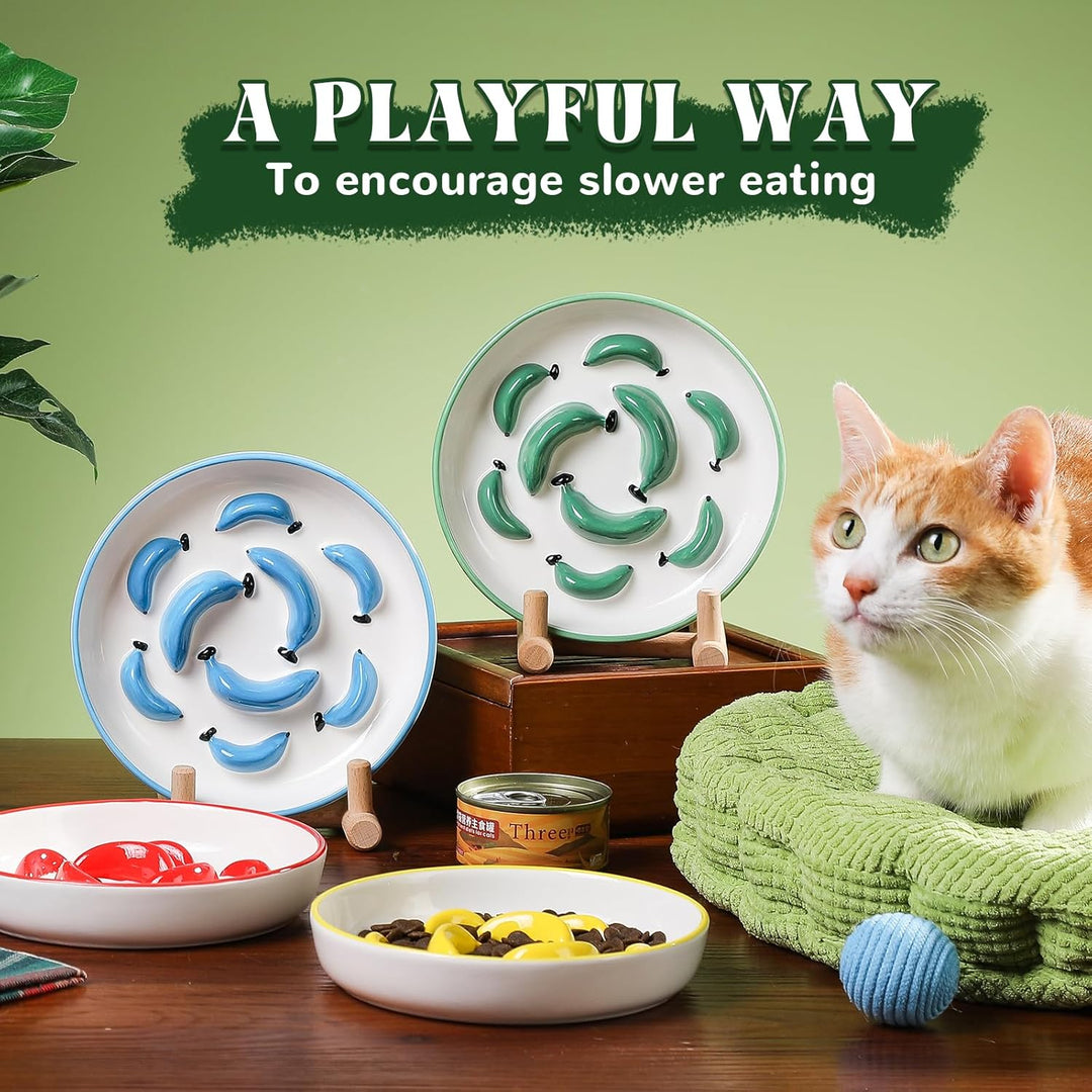 Ceramic Cat Slow Feeder Bowl - Slow Feeding Cat Bowl with Vibrant Shades - Cute Maze Cat Food Plate for Healthy Eating - Fun Cat Puzzle Feeder Dish - Dishwasher Safe - 6.3''W x 1.2''H - 7 OZ - Blue - Just Closeouts Canada Inc.