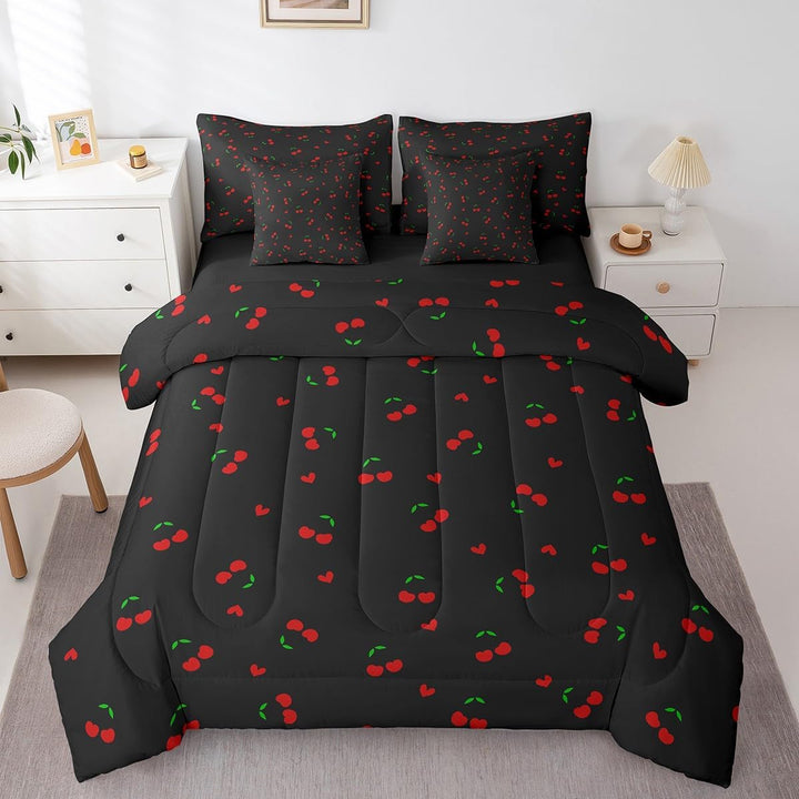 Cherry Bed in A Bag Queen Size, Cherry Pattern 7 Pieces Bedding Set Cute Fruit Comforter Set with Sheets Boys Girls Kawaii Cartoon Fruit Teens Bed Set Bedroom Decor 7Pcs - Just Closeouts Canada Inc.X004KRRI41