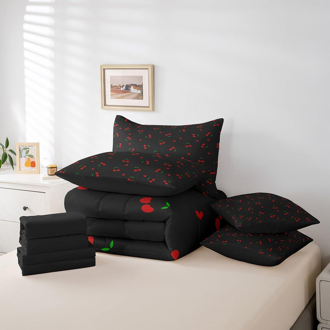 Cherry Bed in A Bag Queen Size, Cherry Pattern 7 Pieces Bedding Set Cute Fruit Comforter Set with Sheets Boys Girls Kawaii Cartoon Fruit Teens Bed Set Bedroom Decor 7Pcs - Just Closeouts Canada Inc.X004KRRI41