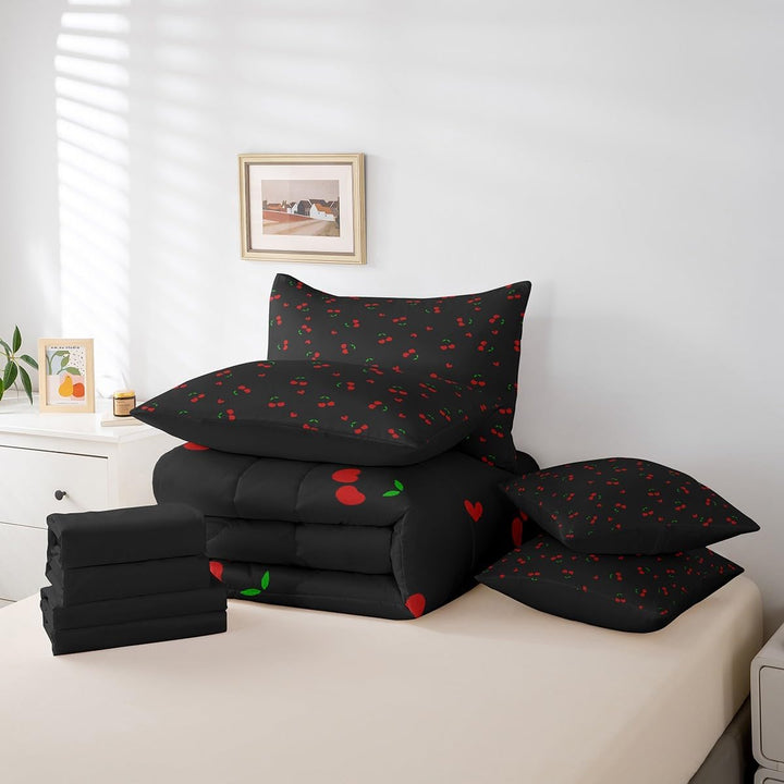 Cherry Bed in A Bag Queen Size, Cherry Pattern 7 Pieces Bedding Set Cute Fruit Comforter Set with Sheets Boys Girls Kawaii Cartoon Fruit Teens Bed Set Bedroom Decor 7Pcs - Just Closeouts Canada Inc.X004KRRI41
