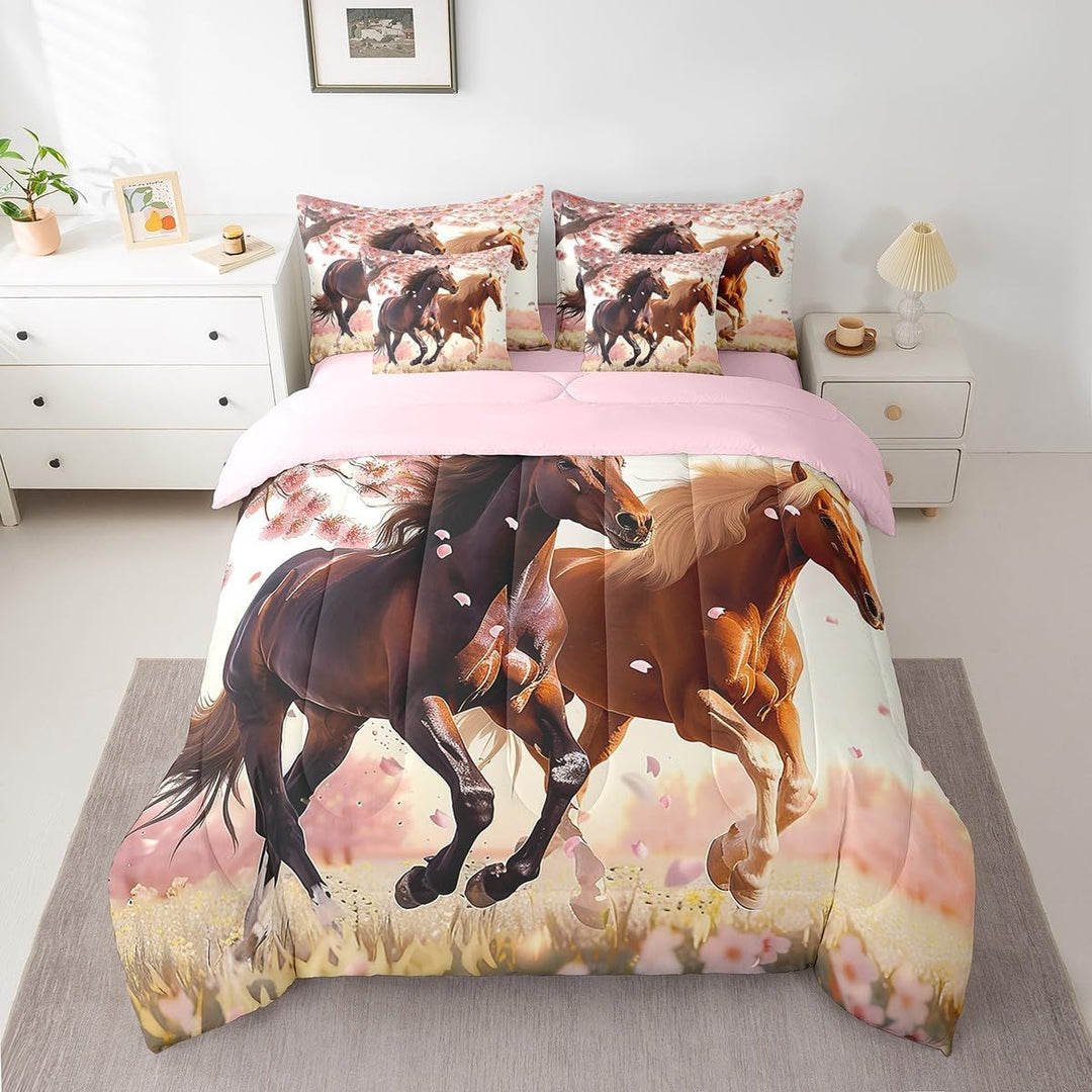Cherry Blossom Horses Twin 7-Piece Comforter & Sheet Set - Just Closeouts Canada Inc.X004NW1ZOR