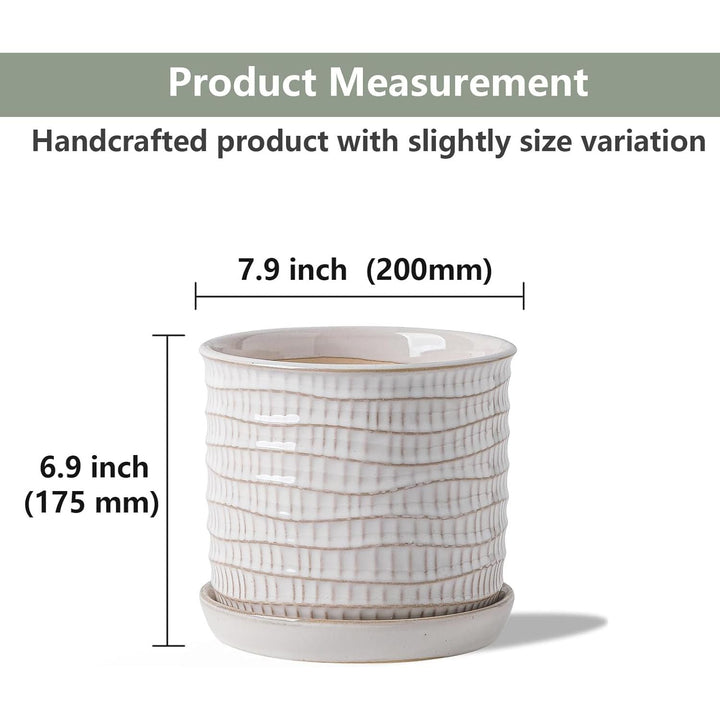 Chubacoo 8 Inch Plant Pot : Ceramic Planter Pot with Drainage Hole & Saucer - Cream White Flower Pot for Indoor & Outdoor Plants - Decorative Flowerpot with Separate Tray(Wave Striped) - Just Closeouts Canada Inc.