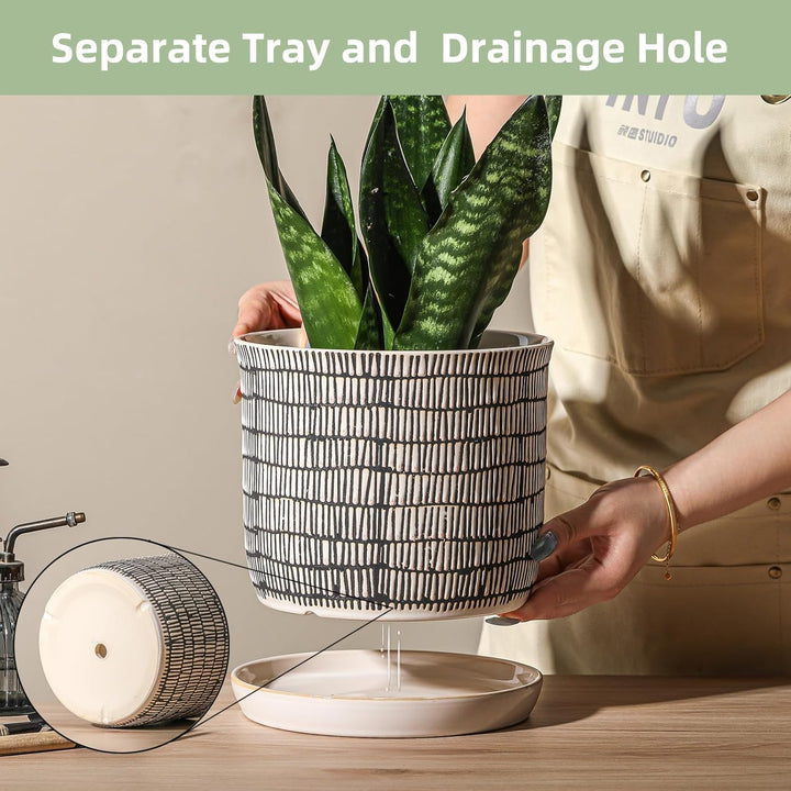 Chubacoo 8 Inch Plant Pot: Ceramic Planter with Drainage Hole & Saucer - Cylinder Flowerpot for Indoor & Outdoor Plants - with Separate Tray for Home & Office - Striped Design - Just Closeouts Canada Inc.