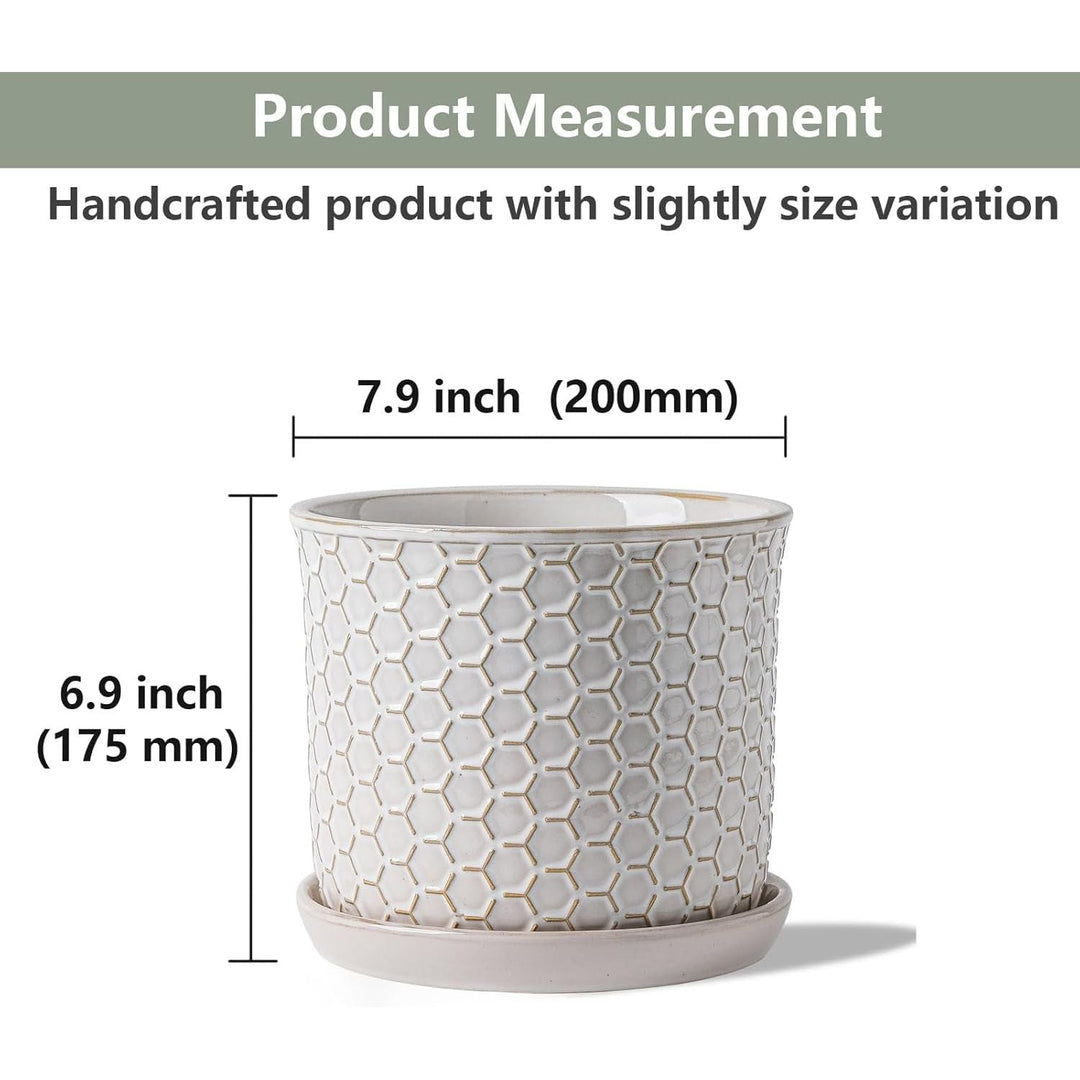 Chubacoo 8 Inch Plant Pot: Ceramic Planter with Drainage Hole & Saucer - Flowerpot for Indoor & Outdoor Plants with Separate Tray for Home & Office - Honeycomb Design, Cream White - Just Closeouts Canada Inc.