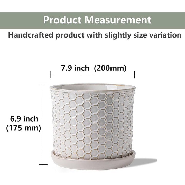 Chubacoo 8 Inch Plant Pot: Ceramic Planter with Drainage Hole & Saucer - Flowerpot for Indoor & Outdoor Plants with Separate Tray for Home & Office - Honeycomb Design, Cream White - Just Closeouts Canada Inc.
