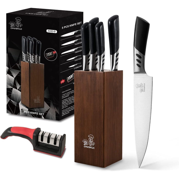 CHUSHIJI Knife Block Set 7 Pieces Cooking Knife Set,Premium Kitchen Knife Set with Block,Stainless Steel Kitchen Knife with Sharpener, Hardwood Brown Chef Knife Set - Just Closeouts Canada Inc.