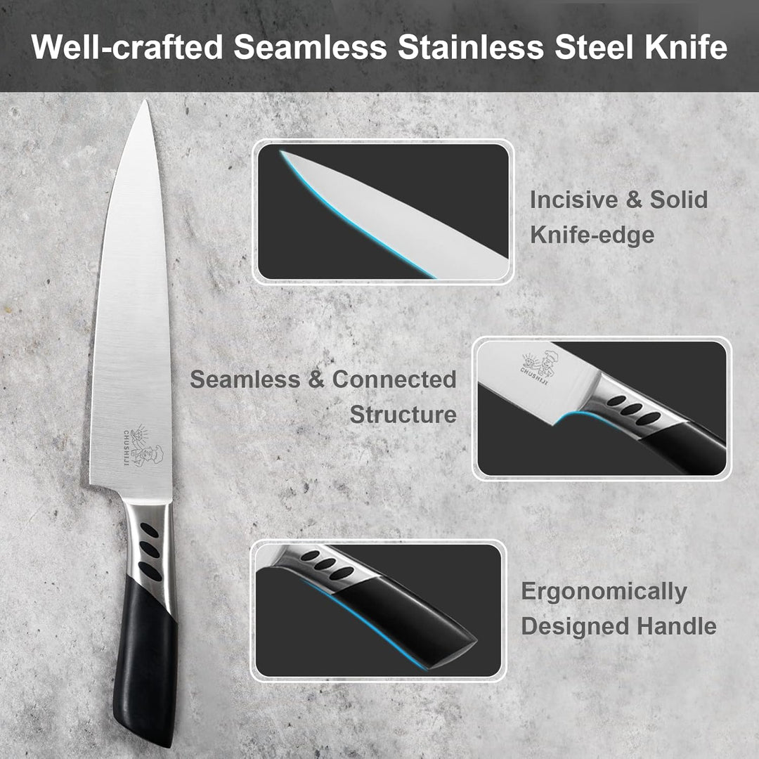 CHUSHIJI Knife Block Set 7 Pieces Cooking Knife Set,Premium Kitchen Knife Set with Block,Stainless Steel Kitchen Knife with Sharpener, Hardwood Brown Chef Knife Set - Just Closeouts Canada Inc.