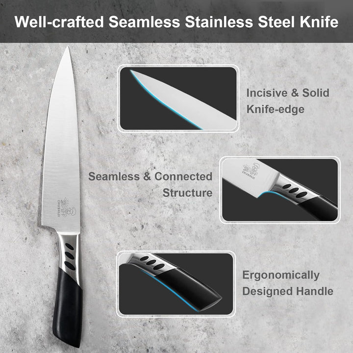 CHUSHIJI Knife Block Set 7 Pieces Cooking Knife Set,Premium Kitchen Knife Set with Block,Stainless Steel Kitchen Knife with Sharpener, Hardwood Brown Chef Knife Set - Just Closeouts Canada Inc.