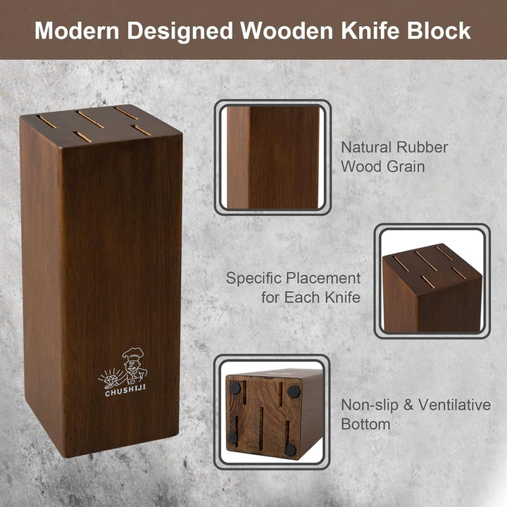 CHUSHIJI Knife Block Set 7 Pieces Cooking Knife Set,Premium Kitchen Knife Set with Block,Stainless Steel Kitchen Knife with Sharpener, Hardwood Brown Chef Knife Set - Just Closeouts Canada Inc.