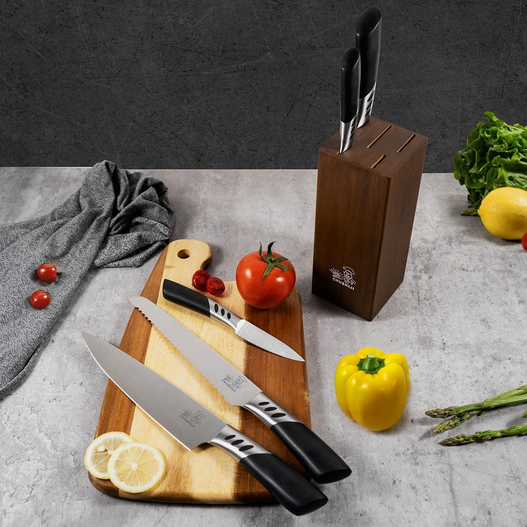 CHUSHIJI Knife Block Set 7 Pieces Cooking Knife Set,Premium Kitchen Knife Set with Block,Stainless Steel Kitchen Knife with Sharpener, Hardwood Brown Chef Knife Set - Just Closeouts Canada Inc.