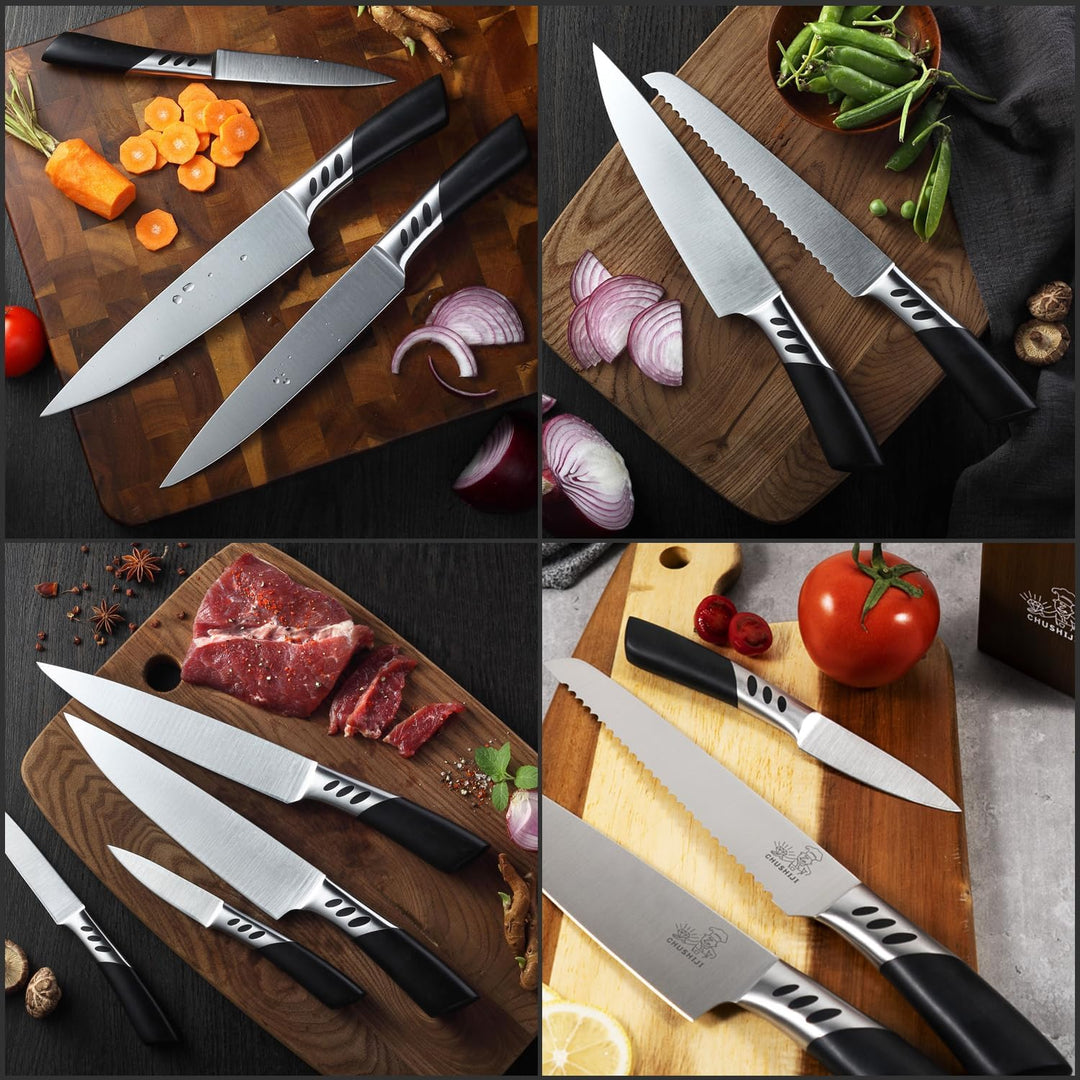 CHUSHIJI Knife Block Set 7 Pieces Cooking Knife Set,Premium Kitchen Knife Set with Block,Stainless Steel Kitchen Knife with Sharpener, Hardwood Brown Chef Knife Set - Just Closeouts Canada Inc.