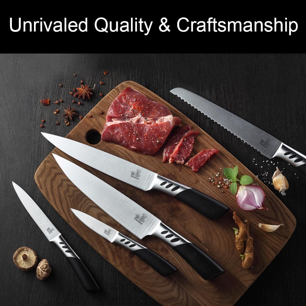 CHUSHIJI Knife Block Set 7 Pieces Cooking Knife Set,Premium Kitchen Knife Set with Block,Stainless Steel Kitchen Knife with Sharpener, Hardwood Brown Chef Knife Set - Just Closeouts Canada Inc.