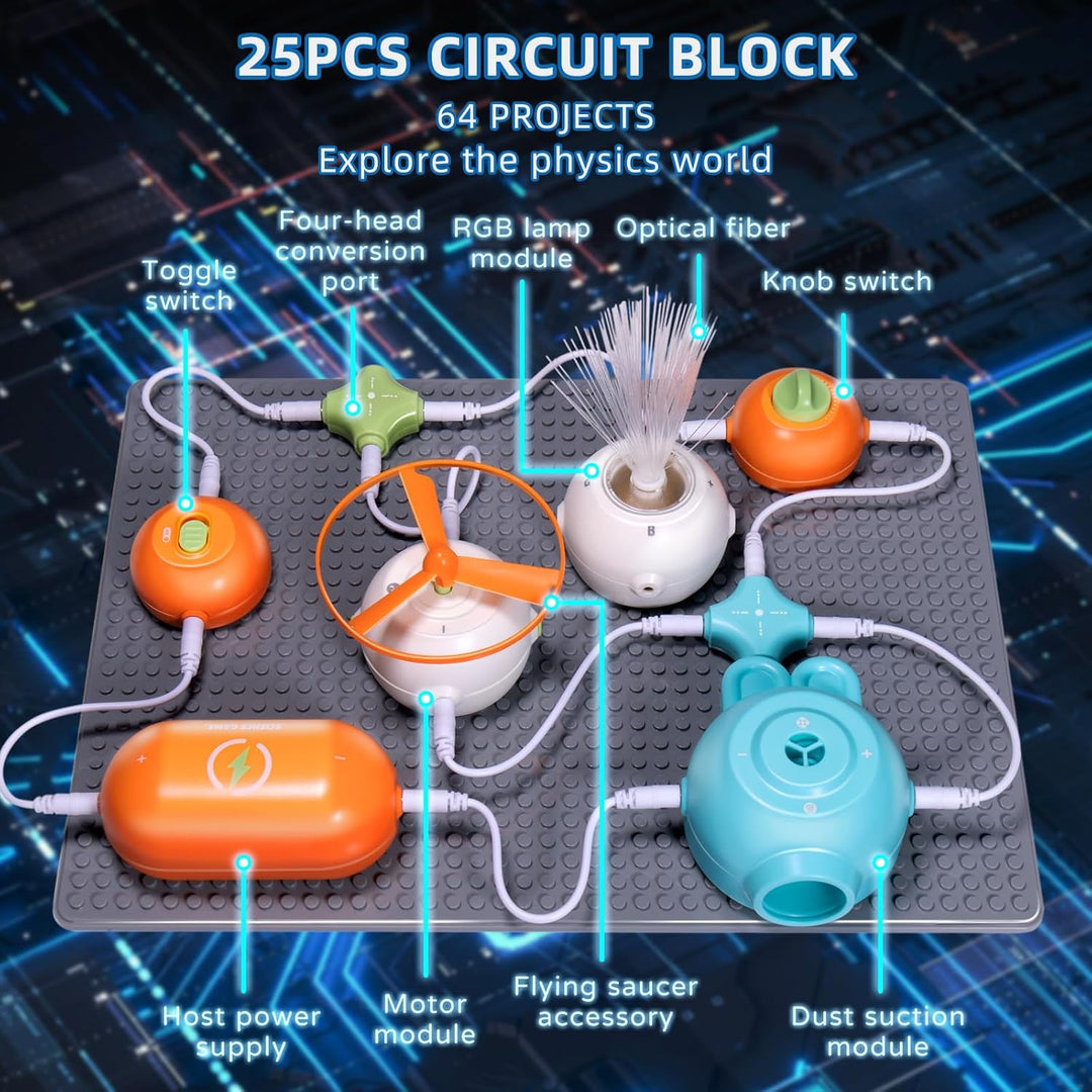 Circuits Science Kit for Kids Ages 3 - 12 | 64 STEM Projects with 25 Electronic Parts | No Soldering, Kids Circuit Board Kit with Fan, RGB Lights| Educational STEM Toy Gift for Boys & Girls 6 - 8 - Just Closeouts Canada Inc.