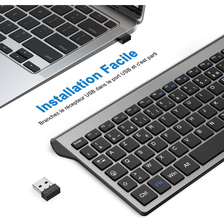 Clavier Sans Fil AZERTY Français, Compact Ultra - Mince, Touches Silencieuses, Touches Multimédia, Confort Ergonomique, Économe en Énergie, Compatible avec Windows MacOS, PC Laptop (Gris) - Just Closeouts Canada Inc.