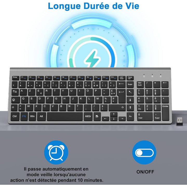 Clavier Sans Fil AZERTY Français, Compact Ultra - Mince, Touches Silencieuses, Touches Multimédia, Confort Ergonomique, Économe en Énergie, Compatible avec Windows MacOS, PC Laptop (Gris) - Just Closeouts Canada Inc.