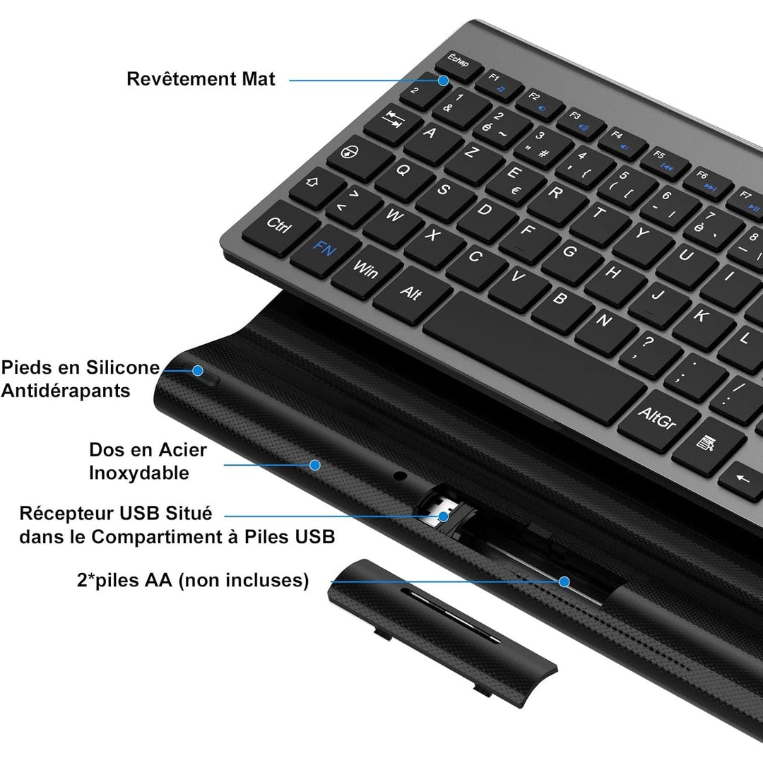 Clavier Sans Fil AZERTY Français, Compact Ultra - Mince, Touches Silencieuses, Touches Multimédia, Confort Ergonomique, Économe en Énergie, Compatible avec Windows MacOS, PC Laptop (Gris) - Just Closeouts Canada Inc.