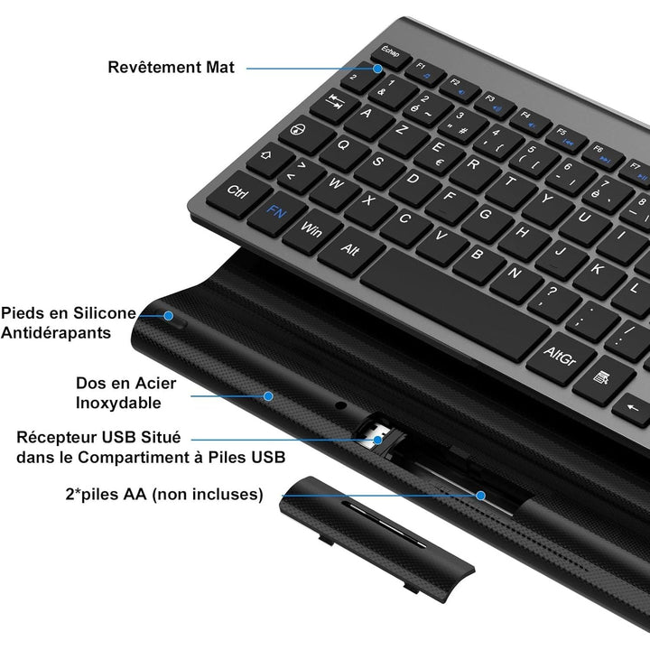 Clavier Sans Fil AZERTY Français, Compact Ultra - Mince, Touches Silencieuses, Touches Multimédia, Confort Ergonomique, Économe en Énergie, Compatible avec Windows MacOS, PC Laptop (Gris) - Just Closeouts Canada Inc.