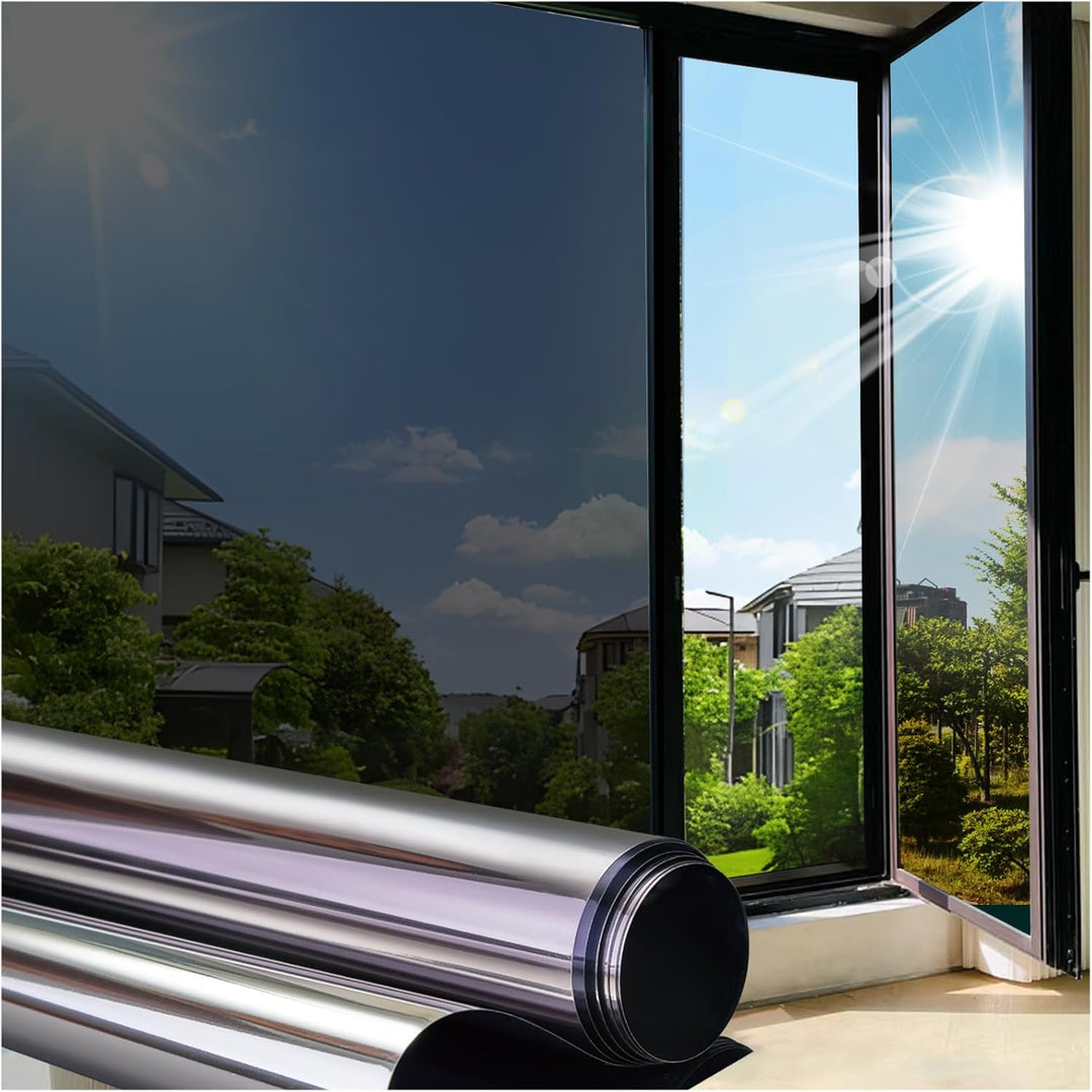 Coavas One Way Window Film Reflective Window Films for Privacy Mirror Window Film for Sun Blocking UV Heat Control Non Adhesive Static Cling Window Tint for Home 17.5x118.1in, 44.5x300cm, Silver Black - Just Closeouts Canada Inc.