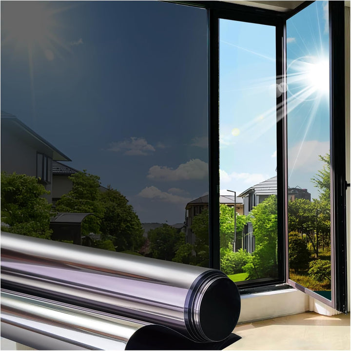 Coavas One Way Window Film Reflective Window Films for Privacy Mirror Window Film for Sun Blocking UV Heat Control Non Adhesive Static Cling Window Tint for Home 17.5x118.1in, 44.5x300cm, Silver Black - Just Closeouts Canada Inc.
