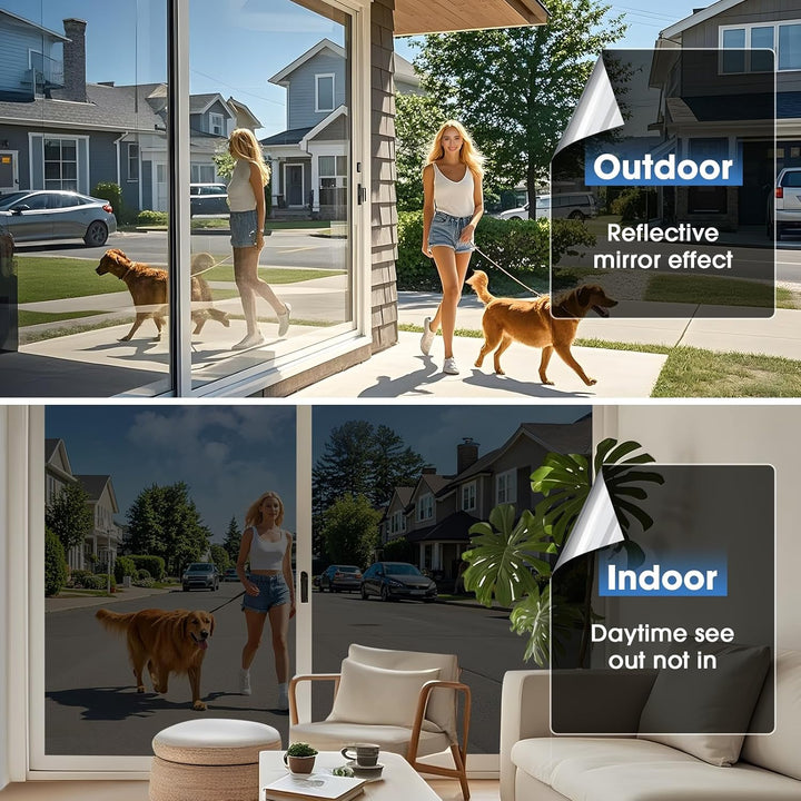 Coavas One Way Window Films for Privacy with Tools, Sun Blocking Mirror Window Tint for Home, Daytime Reflective Removable UV Heat Control Window Coverings, 17.5 x 78.7 in, Silver Black - Just Closeouts Canada Inc.