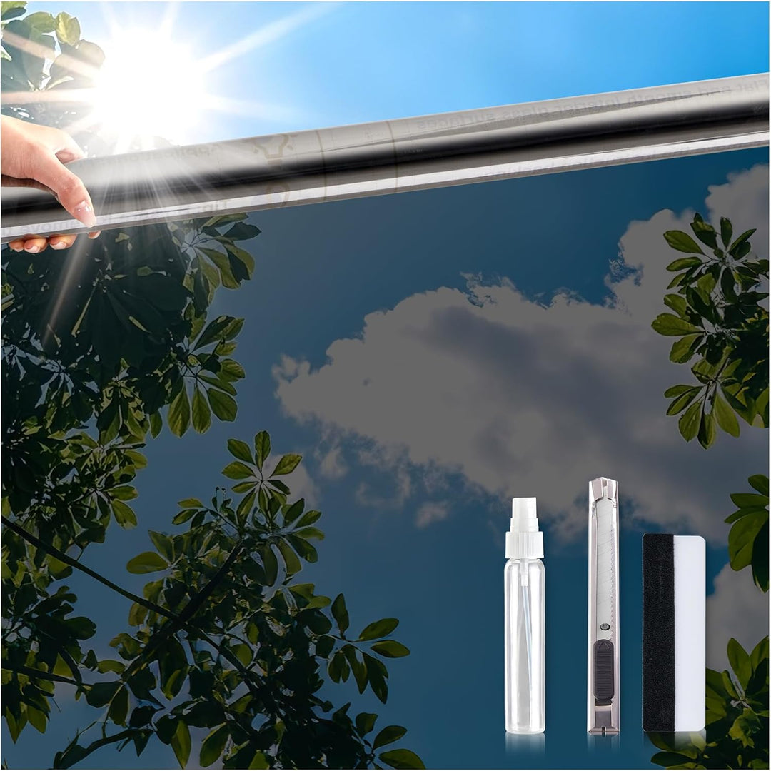 Coavas One Way Window Films for Privacy with Tools, Sun Blocking Mirror Window Tint for Home, Daytime Reflective Removable UV Heat Control Window Coverings, 23.6 x 78.7in, Silver Black - Just Closeouts Canada Inc.