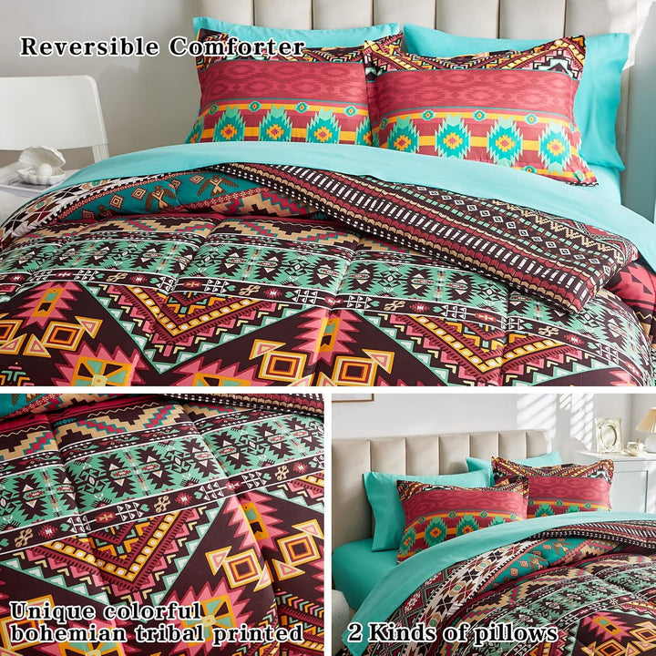 Colorful Bohemian Twin Bed-in-a-Bag Set – 6 Pieces with Teal Sheets - Just Closeouts Canada Inc.