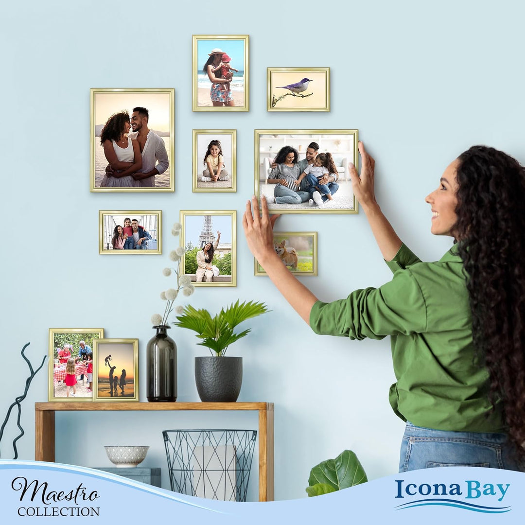 Combination Gold Picture Frames Set - 10 PC (Five 4x6, Three 5x7, Two 8x10), Classy Contemporary Style, Maestro Collection for Wall Gallery - Just Closeouts Canada Inc.00810023785620