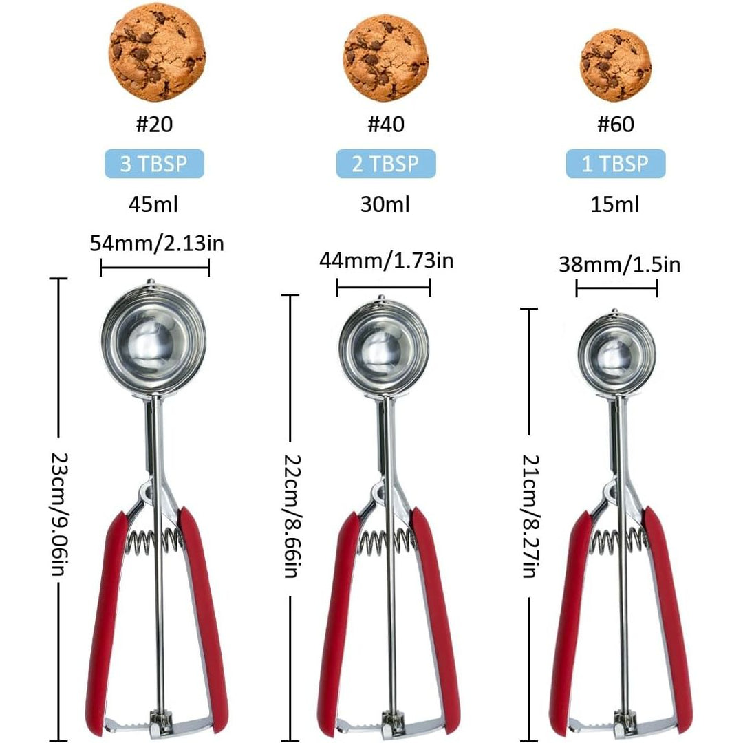 Cookie Scoop,Ice Cream Scoop,3PCS Stainless Steel 1/2 /3 Tablespoon Cookie Scoop,Red Rubber Grips Design,Durable and Effortless,for Ice Cream,Melon Baller and Baking(20L/ 40M/ 60S). - Just Closeouts Canada Inc.