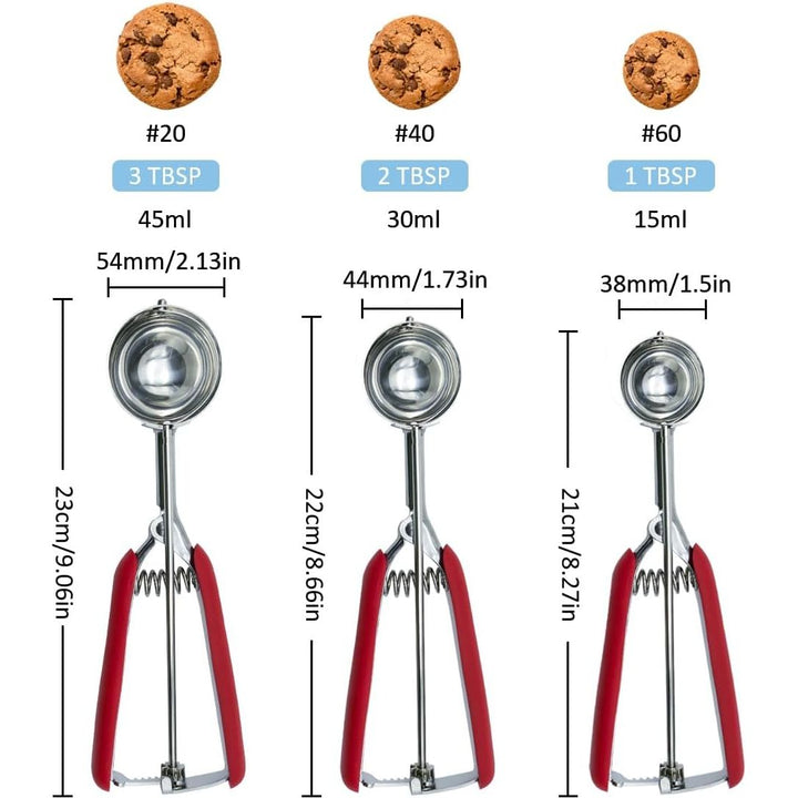 Cookie Scoop,Ice Cream Scoop,3PCS Stainless Steel 1/2 /3 Tablespoon Cookie Scoop,Red Rubber Grips Design,Durable and Effortless,for Ice Cream,Melon Baller and Baking(20L/ 40M/ 60S). - Just Closeouts Canada Inc.