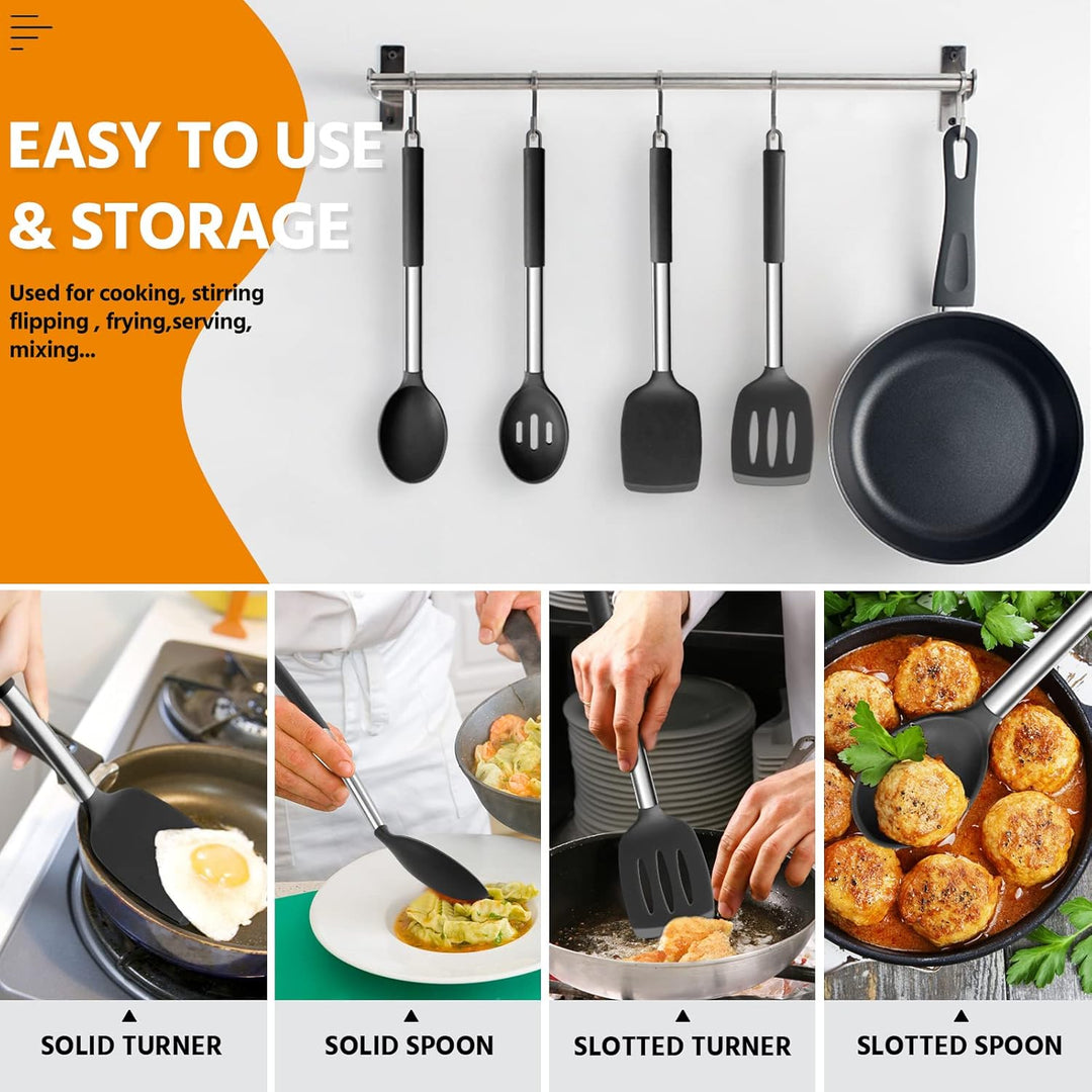 Cooking Utensils Set of 4, Silicone Kitchen Utensils for Non - stick Cookware, Heat Resistant & Non - toxic Slotted Spatula Solid Spoon Turner for Flipping Mixing Serving Basting(Black) - Just Closeouts Canada Inc.