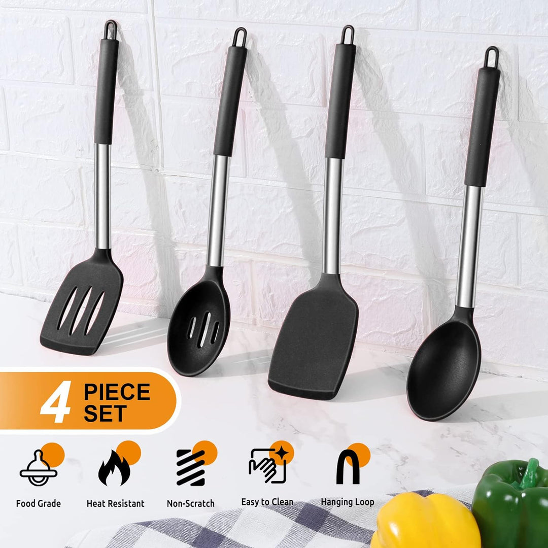 Cooking Utensils Set of 4, Silicone Kitchen Utensils for Non - stick Cookware, Heat Resistant & Non - toxic Slotted Spatula Solid Spoon Turner for Flipping Mixing Serving Basting(Black) - Just Closeouts Canada Inc.