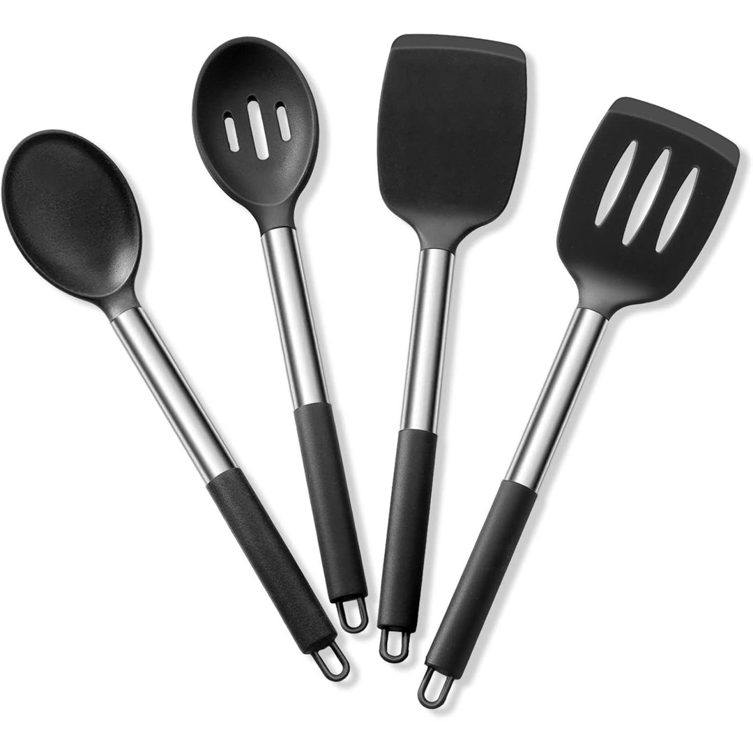Cooking Utensils Set of 4, Silicone Kitchen Utensils for Non - stick Cookware, Heat Resistant & Non - toxic Slotted Spatula Solid Spoon Turner for Flipping Mixing Serving Basting(Black) - Just Closeouts Canada Inc.