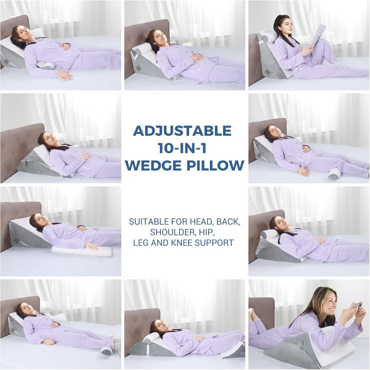 COOLBEBE Bed Wedge Pillow for Sleeping, Adjustable Folding Wedge for Snoring and After Surgery - 9 & 11 Inch, Elevated Triangle Pillow Back Pain Relief (Grey&White, 9 & 11 Inch + Head Pillow) - Just Closeouts Canada Inc.