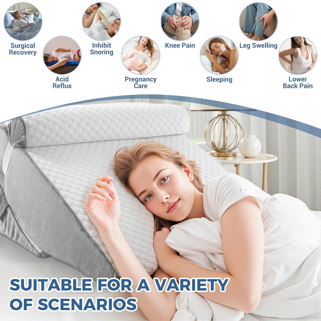 COOLBEBE Bed Wedge Pillow for Sleeping, Adjustable Folding Wedge for Snoring and After Surgery - 9 & 11 Inch, Elevated Triangle Pillow Back Pain Relief (Grey&White, 9 & 11 Inch + Head Pillow) - Just Closeouts Canada Inc.