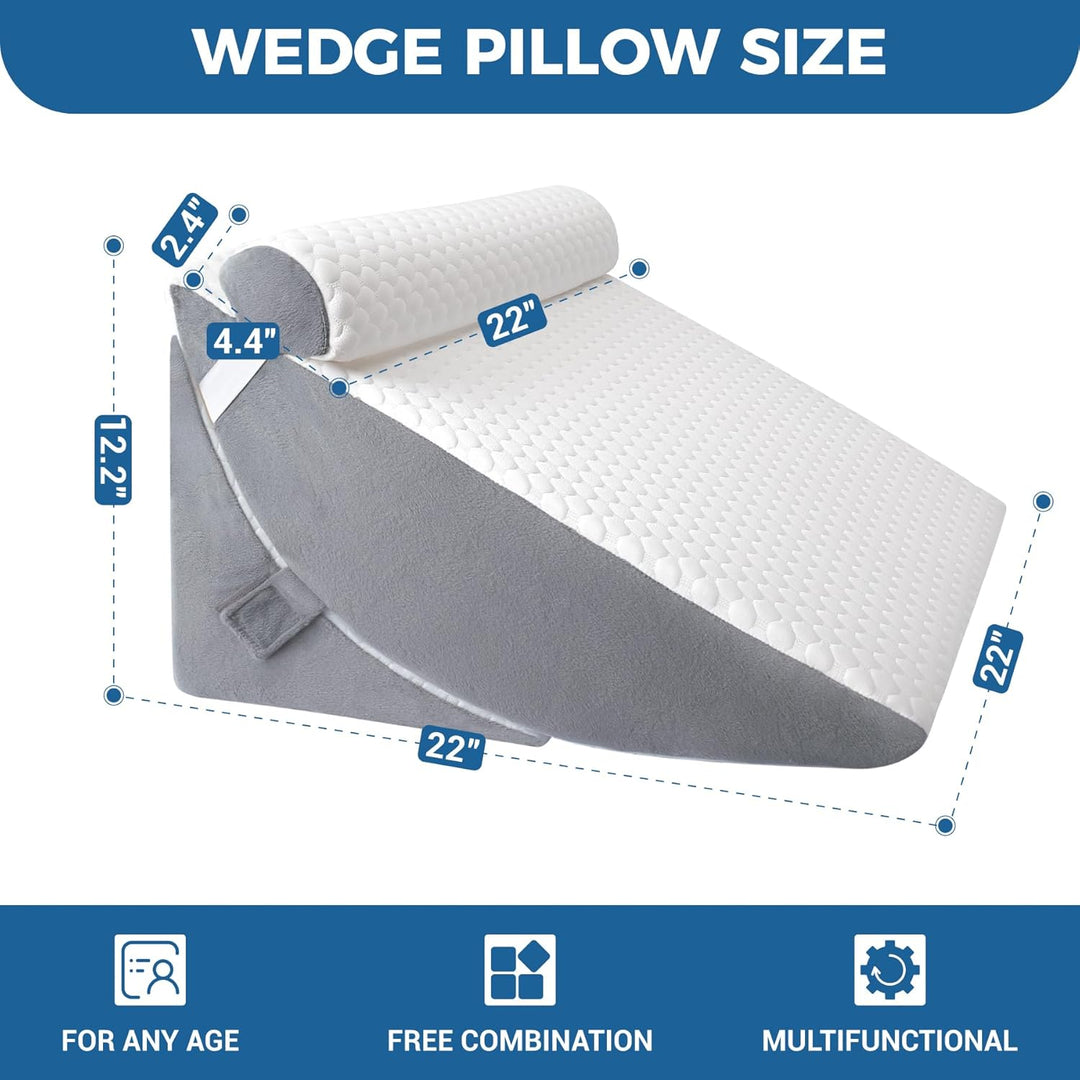 COOLBEBE Bed Wedge Pillow for Sleeping, Adjustable Folding Wedge for Snoring and After Surgery - 9 & 11 Inch, Elevated Triangle Pillow Back Pain Relief (Grey&White, 9 & 11 Inch + Head Pillow) - Just Closeouts Canada Inc.
