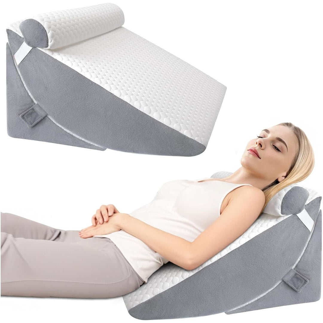 COOLBEBE Bed Wedge Pillow for Sleeping, Adjustable Folding Wedge for Snoring and After Surgery - 9 & 11 Inch, Elevated Triangle Pillow Back Pain Relief (Grey&White, 9 & 11 Inch + Head Pillow) - Just Closeouts Canada Inc.