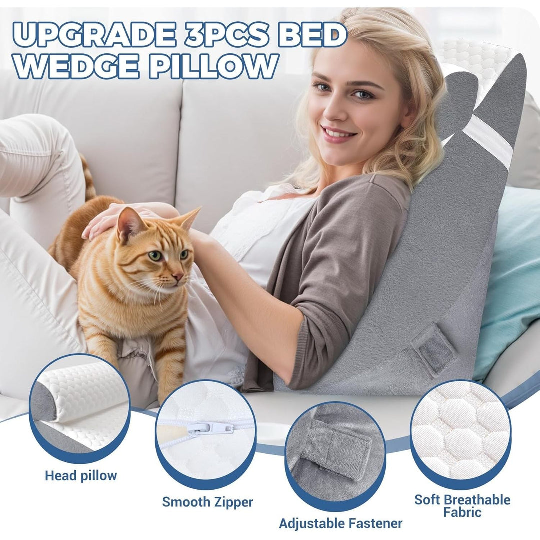 COOLBEBE Bed Wedge Pillow for Sleeping, Adjustable Folding Wedge for Snoring and After Surgery - 9 & 11 Inch, Elevated Triangle Pillow Back Pain Relief (Grey&White, 9 & 11 Inch + Head Pillow) - Just Closeouts Canada Inc.