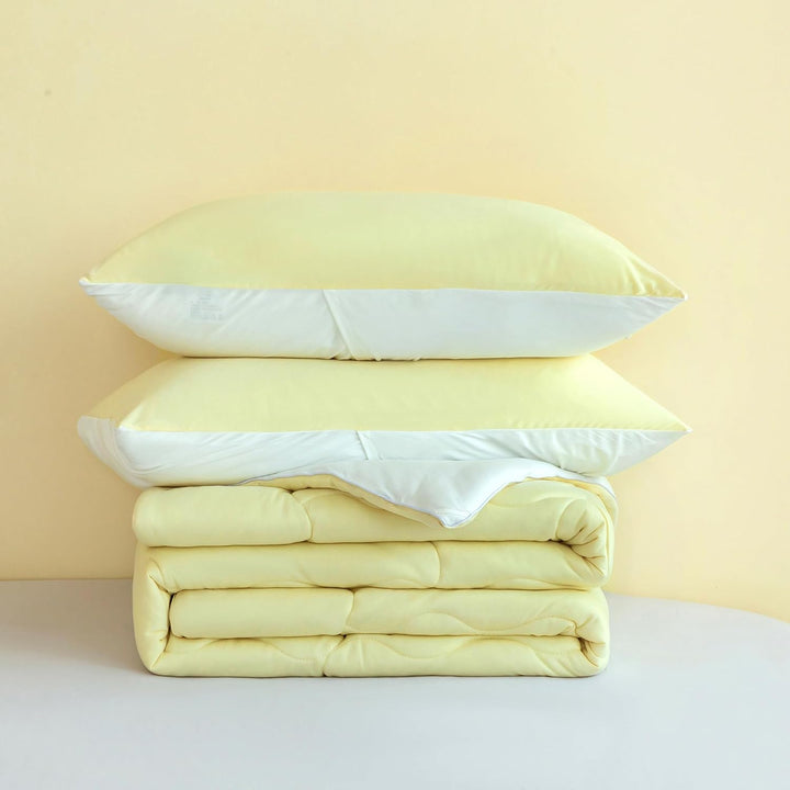COTTEBED Reversible Queen Sized Bedding Comforter Sets - Cute Jersey Knit Dual - Sided Full Down Comforters - Ultra - Soft Breathable Fluffy Lightweight Quilt & 2 Pillow Shams All Season(Yellow and White) - Just Closeouts Canada Inc.