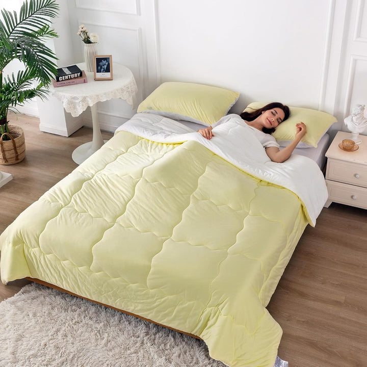 COTTEBED Reversible Queen Sized Bedding Comforter Sets - Cute Jersey Knit Dual - Sided Full Down Comforters - Ultra - Soft Breathable Fluffy Lightweight Quilt & 2 Pillow Shams All Season(Yellow and White) - Just Closeouts Canada Inc.